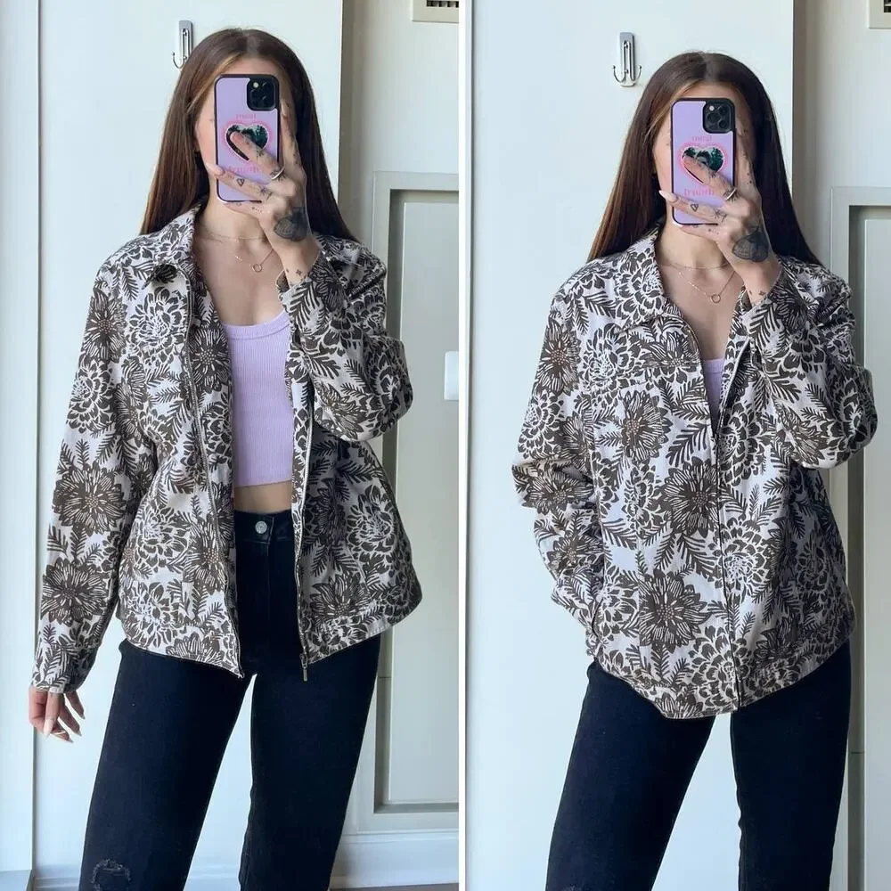 Brown Floral Linen Blend Lightweight Jacket Size XL Neutral Cottagecore Shacket